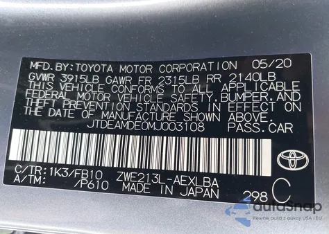 2021 Toyota Corolla Hybrid Le z USA, uszkodzony, nr VIN JTDEAMDE0MJ003108